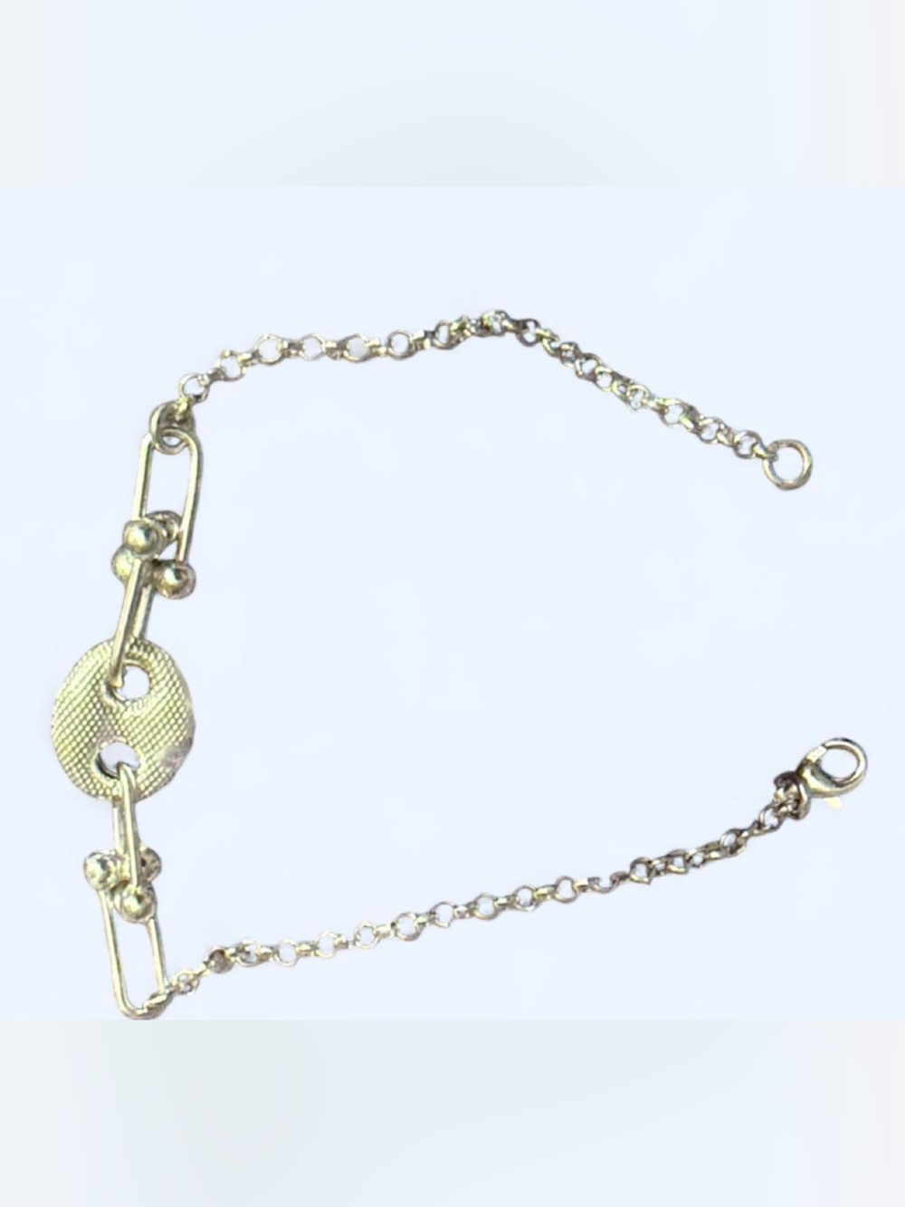 Silver Link Chain Bracelet with Diamond Cut Textured Disc Bracelet Appx: 7.15”